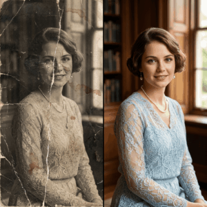 Realistické oživení historického portrétu ženy – ukázka precizního kolorování očí, rtů a textury fialového kloboučku pomocí AI technologií.