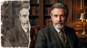 kázka restaurování staré fotografie – porovnání roztržené černobílé podobizny muže a opravené, vyčištěné verze s vysokými detaily.