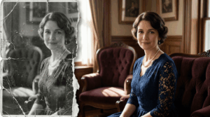 Ukázka oživení historické fotografie v interiéru – srovnání silně poškozeného černobílého portrétu ženy a finální kolorované verze s bohatými detaily nábytku a oblečení.
