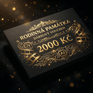Luxusní dárkový voucher Rodinná památka v hodnotě 2000 Kč, černé a zlaté provedení, pro exkluzivní AI videoklip nebo kompletní renovaci vzpomínek.