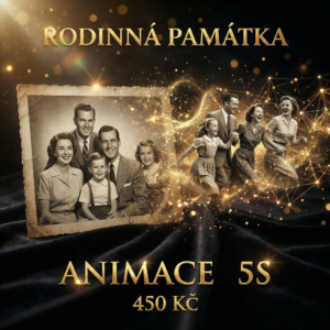 AI animace rodinné fotografie od Rodinná památka, 5 sekund videa, černo-zlaté provedení, oživení vzpomínek z historických fotek, 450 Kč.