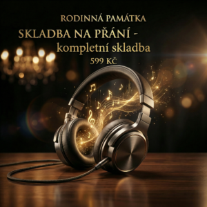 Plná skladba na přání od Rodinná památka, cena 599 Kč, náhled hudební památky s AI, černo-zlatý filmový styl.