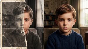 Ukázka kolorování starých fotek – přeměna roztrženého černobílého snímku chlapce na realistickou barevnou fotografii s přirozenými pleťovými tóny a texturou pleteného svetru.