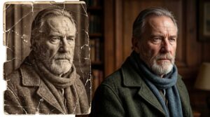 Profesionální oprava historické fotografie – srovnání potrhaného černobílého portrétu muže a zrestaurované verze s čistým obrazem a detaily.