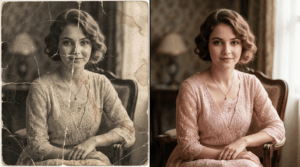 Ukázka kolorování starých fotek – přeměna roztrženého černobílého snímku chlapce na realistickou barevnou fotografii s přirozenými pleťovými tóny a texturou pleteného svetru.