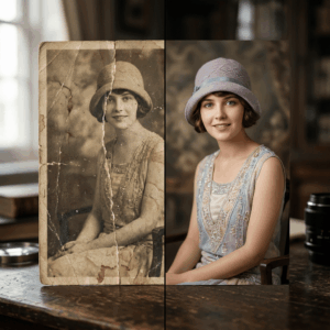 Profesionální kolorování historického portrétu ženy v klobouku – ukázka precizního odstranění prasklin a oživení přirozených barev u staré fotografie.