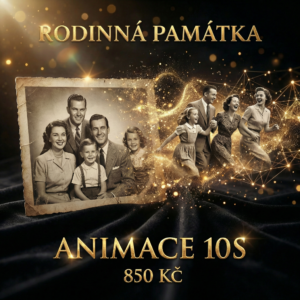 AI animace rodinné fotografie od Rodinná památka, 15 sekund videa, černo-zlaté provedení, oživení vzpomínek z historických fotek, 850 Kč.