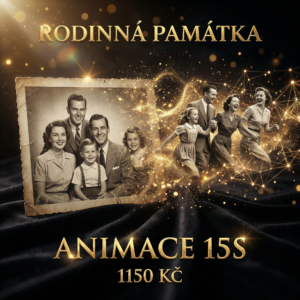 AI animace rodinné fotografie od Rodinná památka, 15 sekund videa, černo-zlaté provedení, oživení vzpomínek z historických fotek, 1150 Kč.