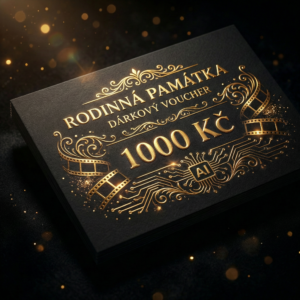 Luxusní dárkový voucher Rodinná památka v hodnotě 1000 Kč, černé a zlaté provedení, pro exkluzivní AI videoklip nebo kompletní renovaci vzpomínek.