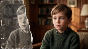 Ukázka kolorování starých fotek – přeměna roztrženého černobílého snímku chlapce na realistickou barevnou fotografii s přirozenými pleťovými tóny a texturou pleteného svetru.