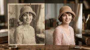 Profesionální kolorování historického portrétu ženy v klobouku – ukázka precizního odstranění prasklin a oživení přirozených barev u staré fotografie.