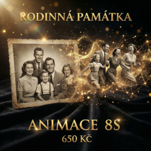 AI animace rodinné fotografie od Rodinná památka, 15 sekund videa, černo-zlaté provedení, oživení vzpomínek z historických fotek, 650 Kč.
