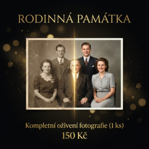 Kompletní oživení a digitální retuš jedné fotografie od Rodinná památka, cena 150 Kč, AI vylepšení historických snímků, černo-zlatý styl.