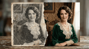 Profesionální kolorování a retuš historické fotografie – oživení smaragdově zelených sametových šatů a krajkového límce u dobového portrétu ženy.