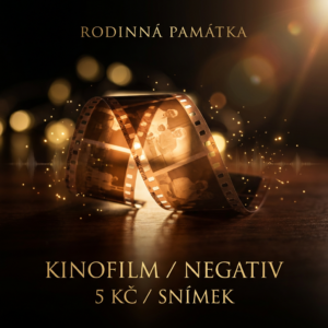 Digitalizace a restaurování kinofilmů a negativů, cena 5 Kč za snímek, profesionální skenování starých filmů Rodinná památka, černo-zlatý styl.